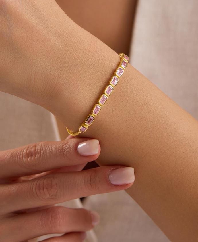 Adjustable Pink Baguette Bracelet | 925 Sterling Silver | 14K Gold Plated
