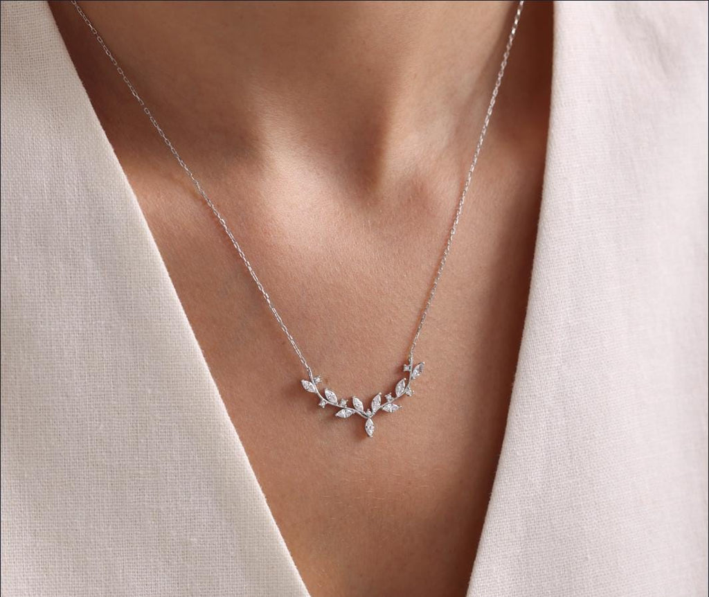 925 Sterling Silver, Ivy Leaf Necklace, Zircon Nature Jewelry