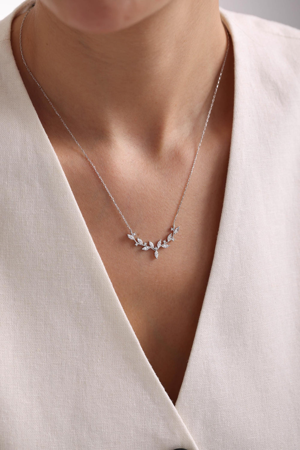 925 Sterling Silver, Ivy Leaf Necklace, Zircon Nature Jewelry