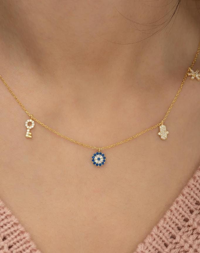 925 Sterling Silver, Lucky Charm Necklace, Gold Plated Zircon Pendant