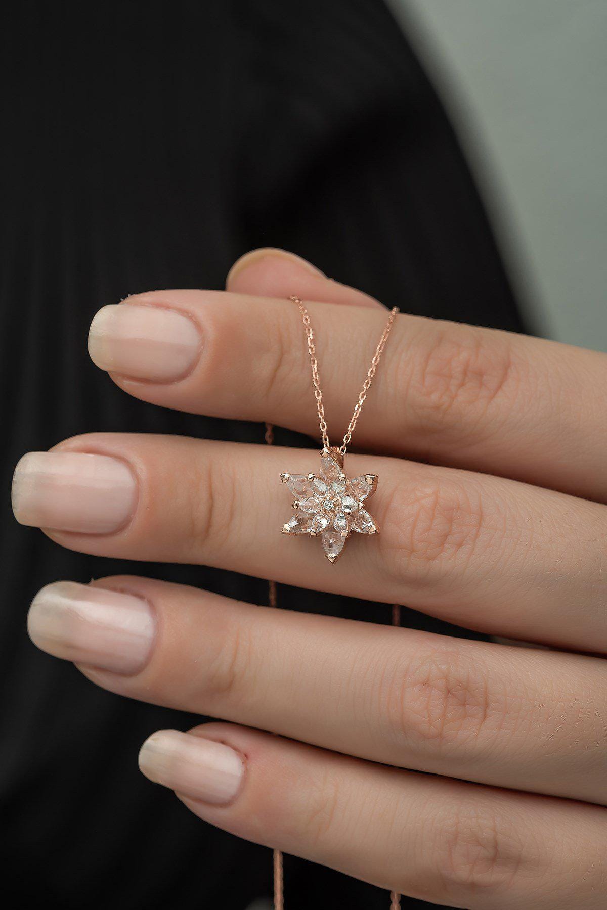 925 Sterling Silver, Lotus Flower Necklace, Rose Gold Zircon Jewelry