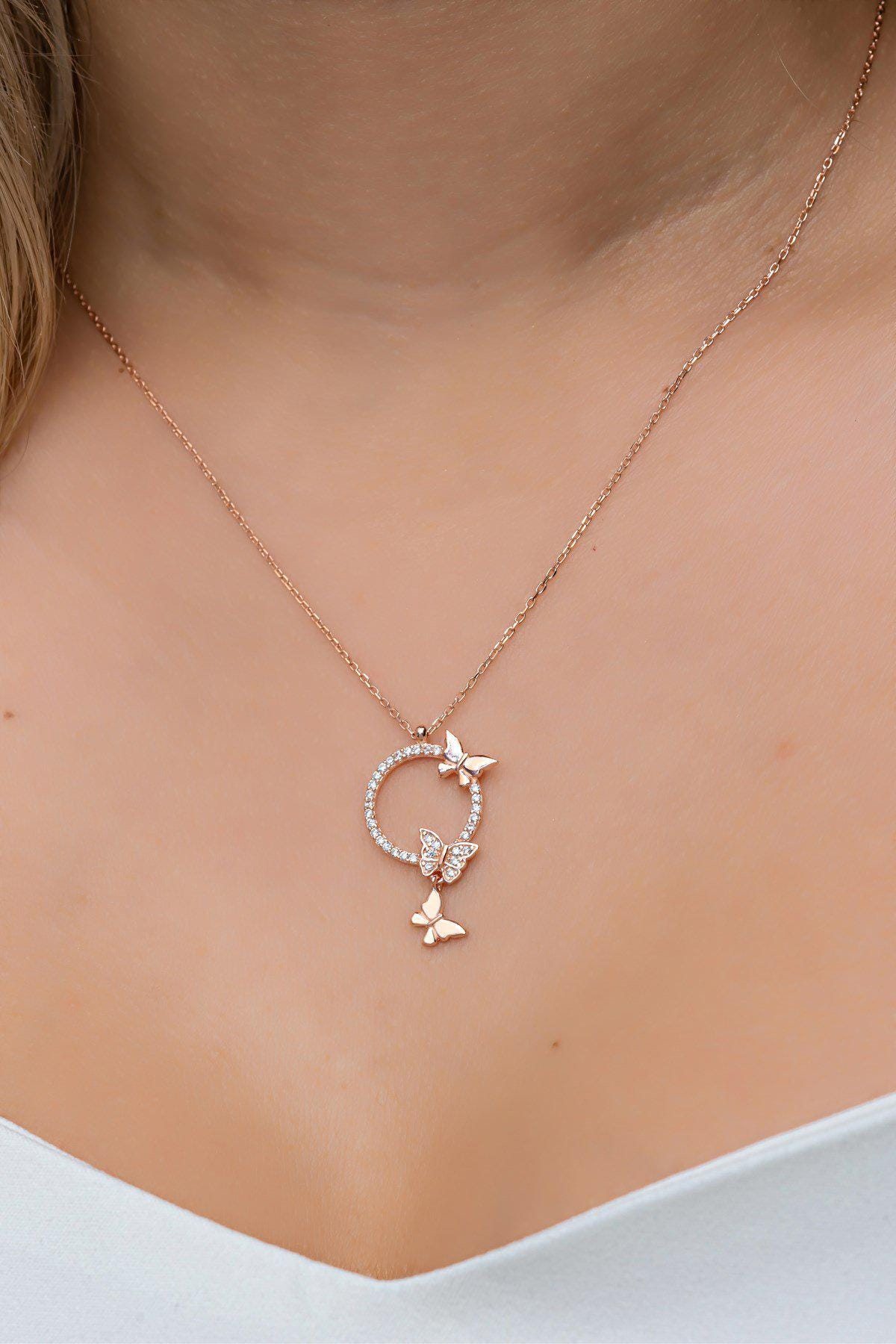 925 Sterling Silver, Butterfly Circle Necklace, Rose Gold Zircon Jewelry