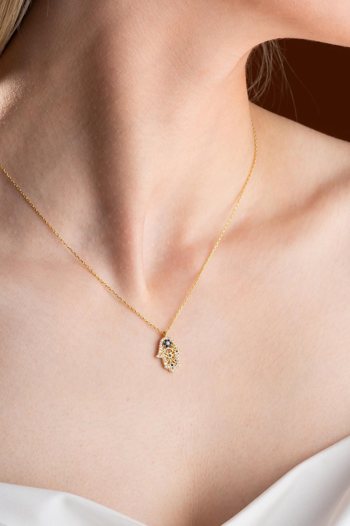 Sterling Silver Hamsa Necklace Zircon | Gold Plated Minimal Evil Eye Pendant