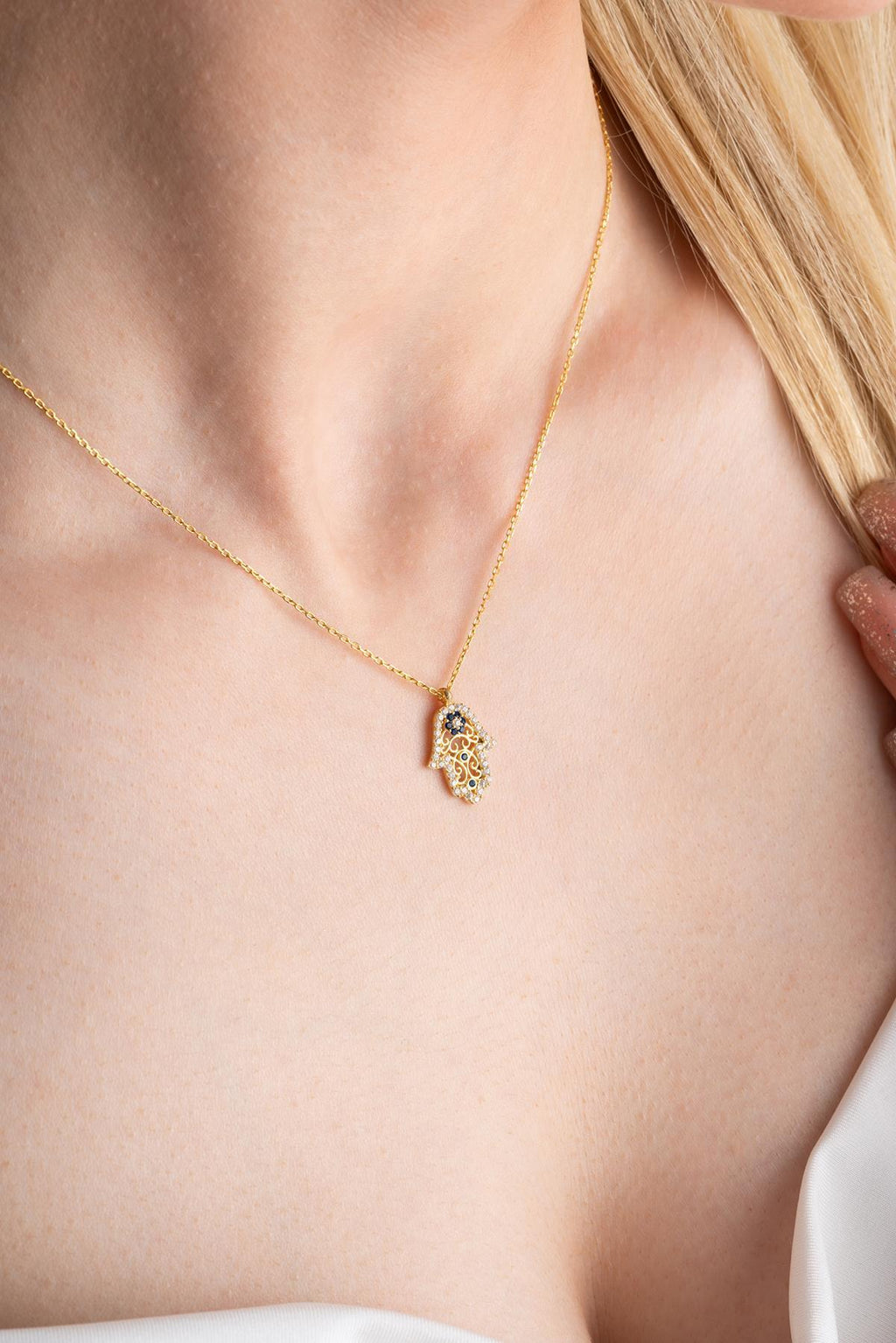 Sterling Silver Hamsa Necklace Zircon | Gold Plated Minimal Evil Eye Pendant
