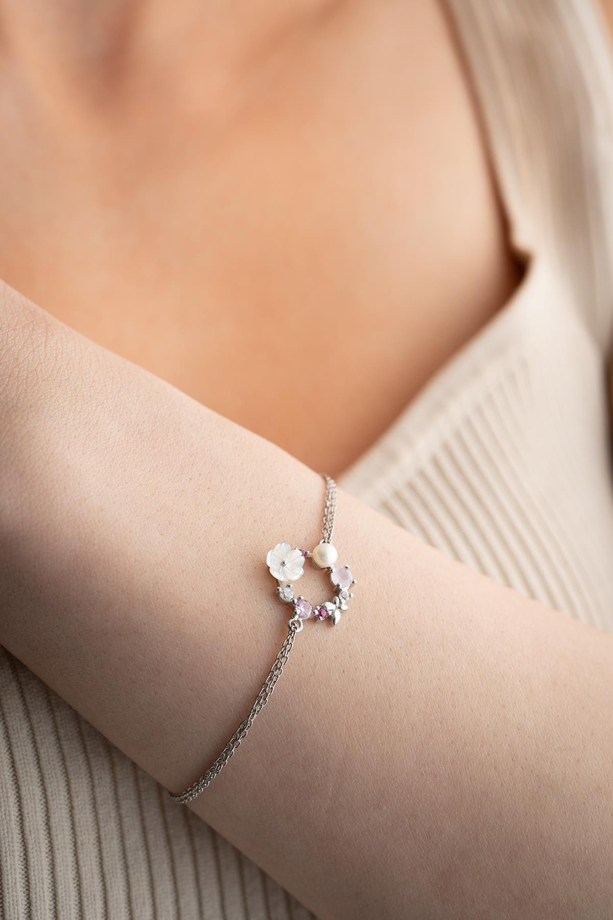 925 Sterling Silver Rhodium Plated Bracelet | Magnolia Flower Zircon Jewelry