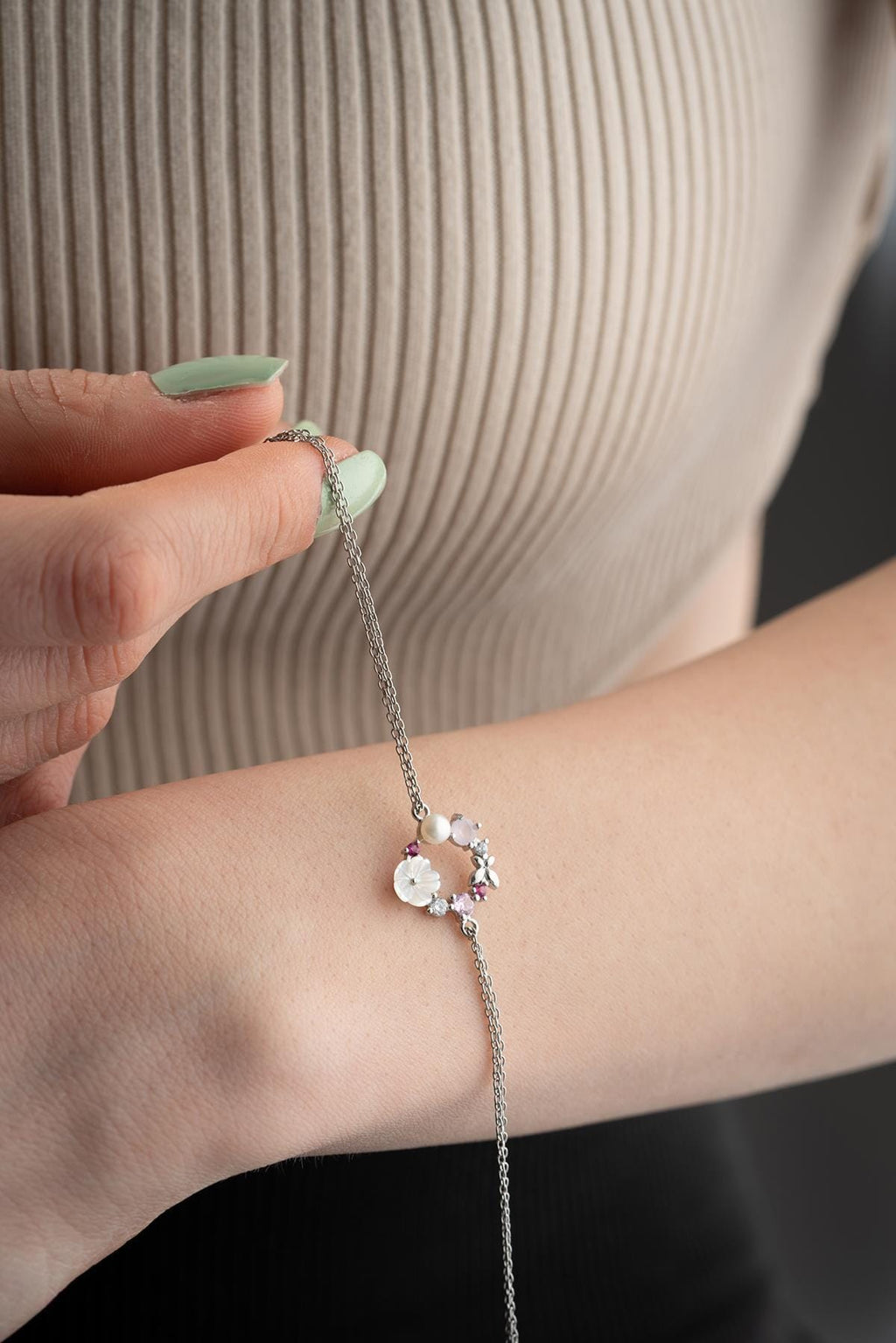 925 Sterling Silver Rhodium Plated Bracelet | Magnolia Flower Zircon Jewelry