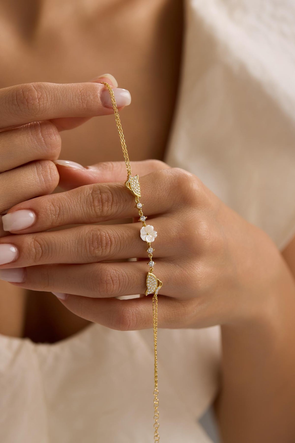 925 Sterling Silver 14K Gold Plated Bracelet | Butterfly Flower Gift for Her