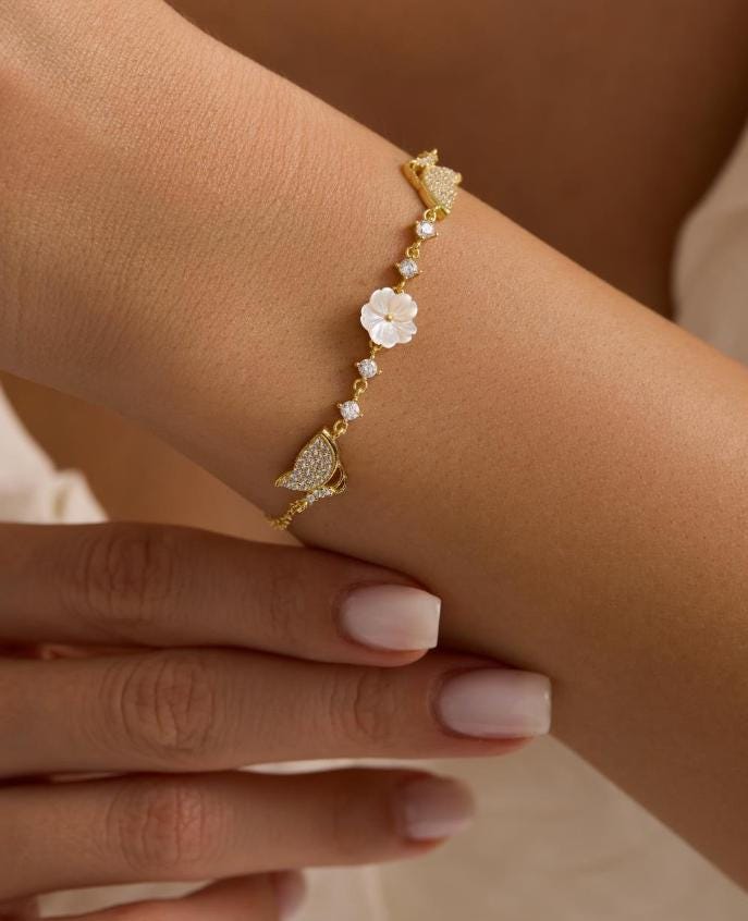 925 Sterling Silver 14K Gold Plated Bracelet | Butterfly Flower Gift for Her
