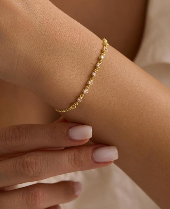 925 Sterling Silver 14K Gold Plated Bracelet | Pink Zircon Gift for Her