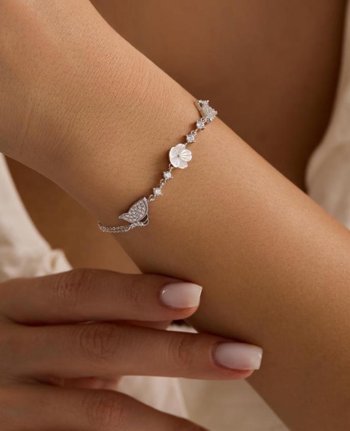 925 Sterling Silver Rhodium Plated Bracelet | Double Butterfly Flower Gift for Her
