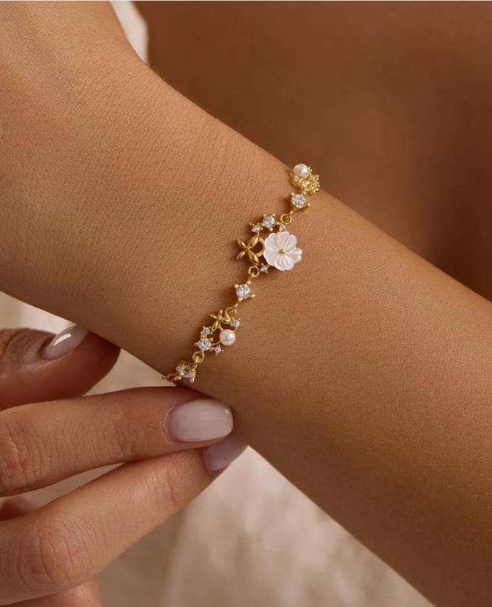 925 Sterling Silver 14K Gold Plated Bracelet | Magnolia Pearl Butterfly Gift for Her