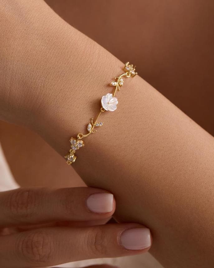 925 Sterling Silver 14K Gold Plated Bracelet | Magnolia Flower Gift for Her