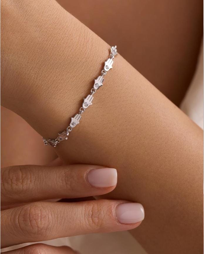 925 Sterling Silver Rhodium Plated Bracelet | Hamsa Hand Zircon Gift for Her