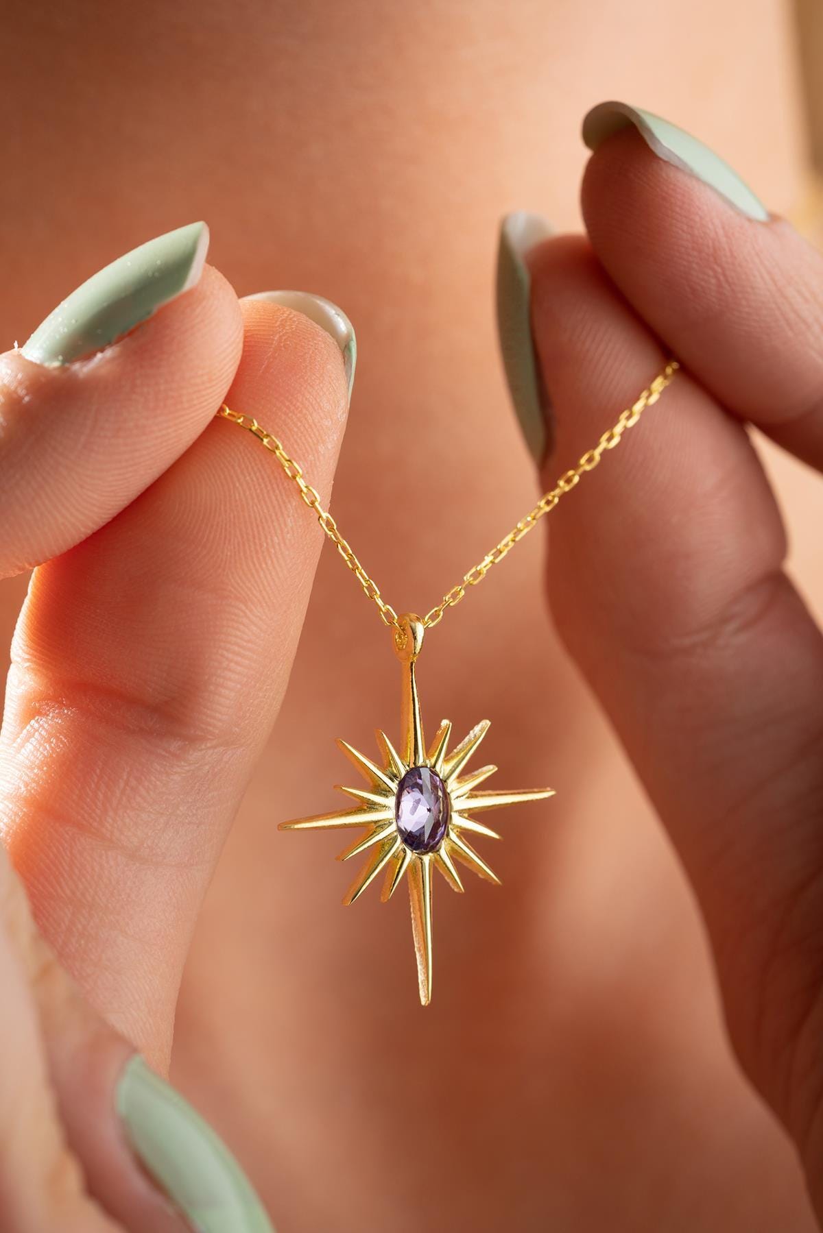 925 Sterling Silver, North Star Necklace, Gold plated Purple Zircon Jewelry