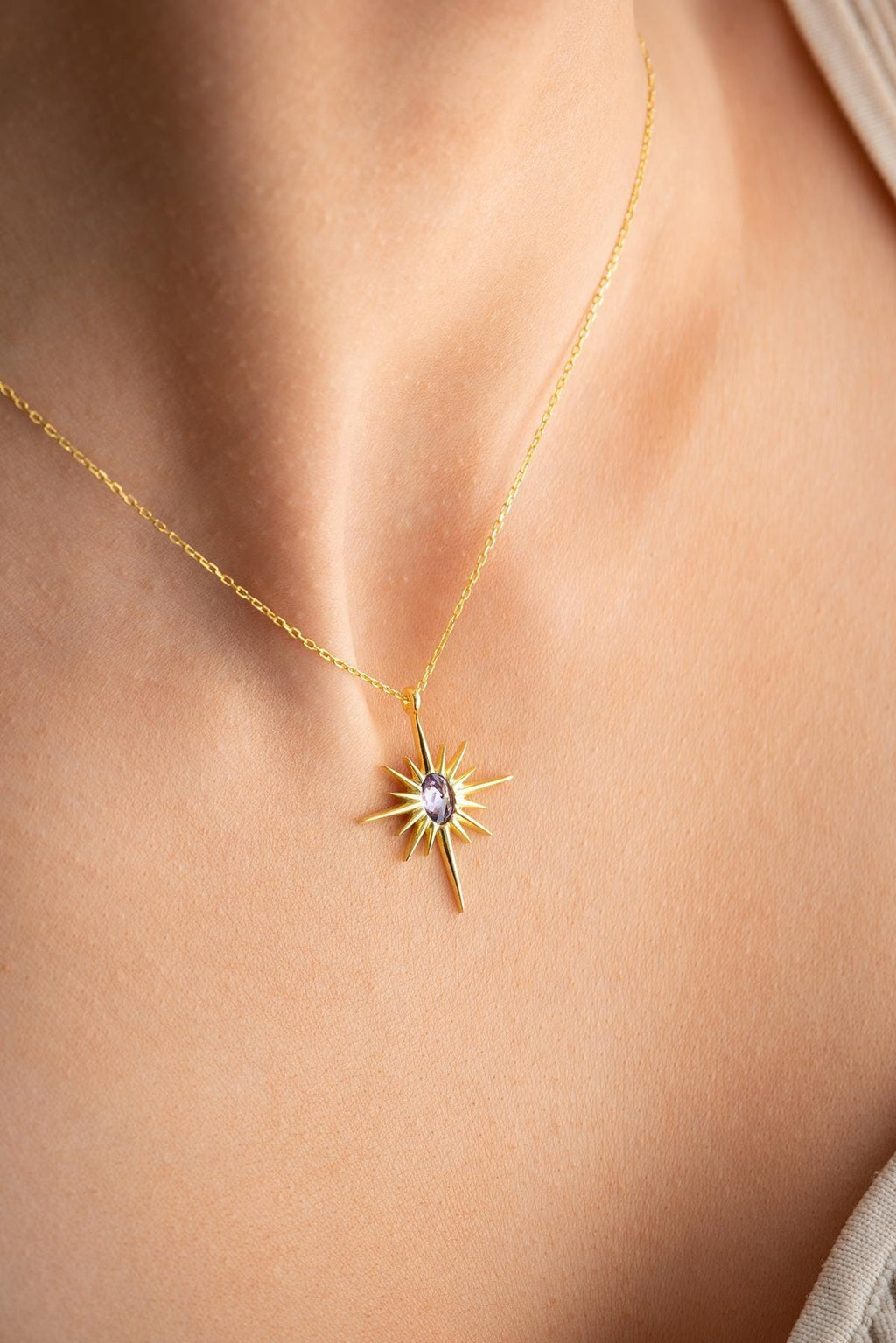 925 Sterling Silver, North Star Necklace, Gold plated Purple Zircon Jewelry