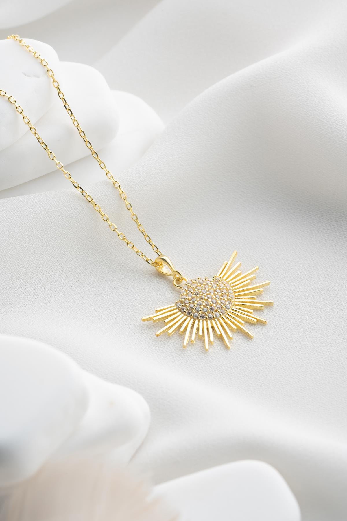 Celestial Sun Necklace, 925 Sterling Silver Pendant, Gold Plated Zircon Jewelry, Gift for Her