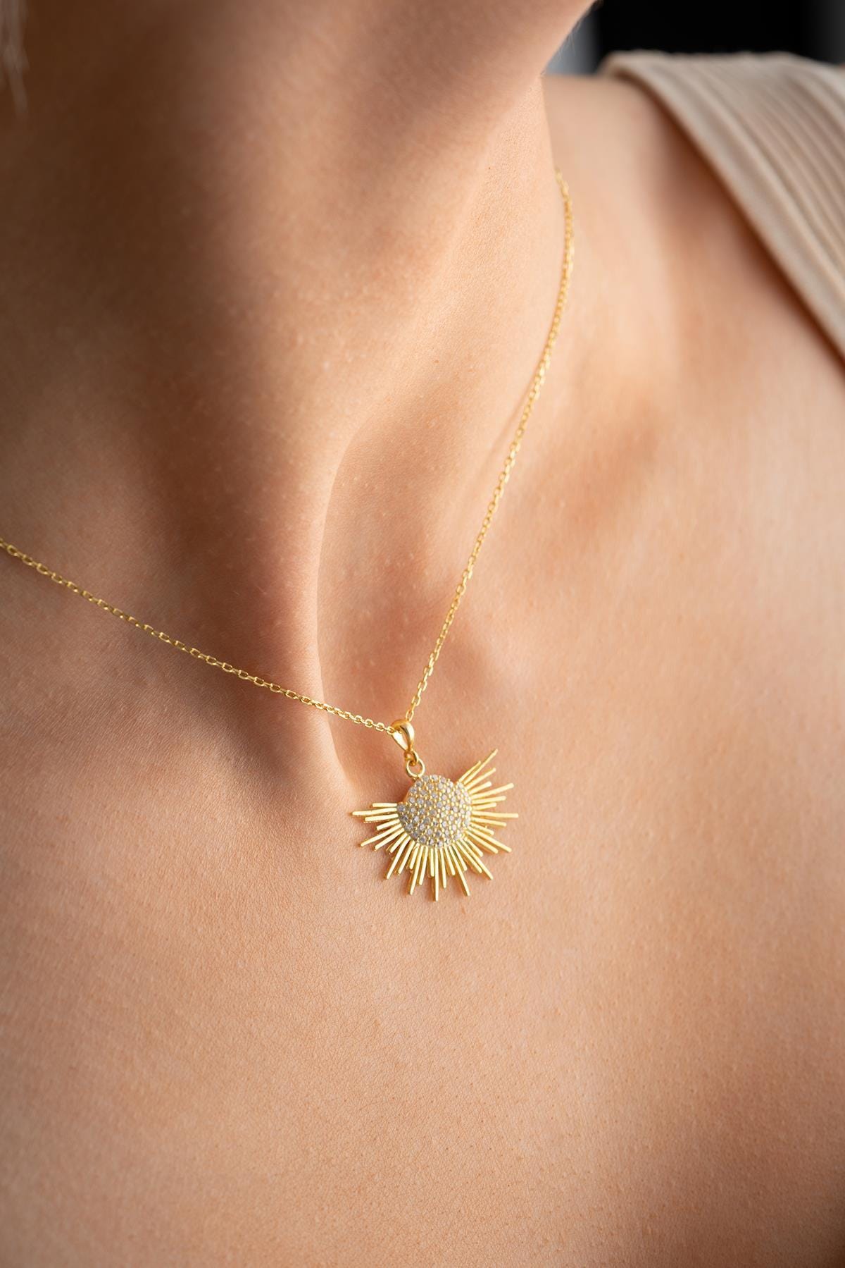 Celestial Sun Necklace, 925 Sterling Silver Pendant, Gold Plated Zircon Jewelry, Gift for Her