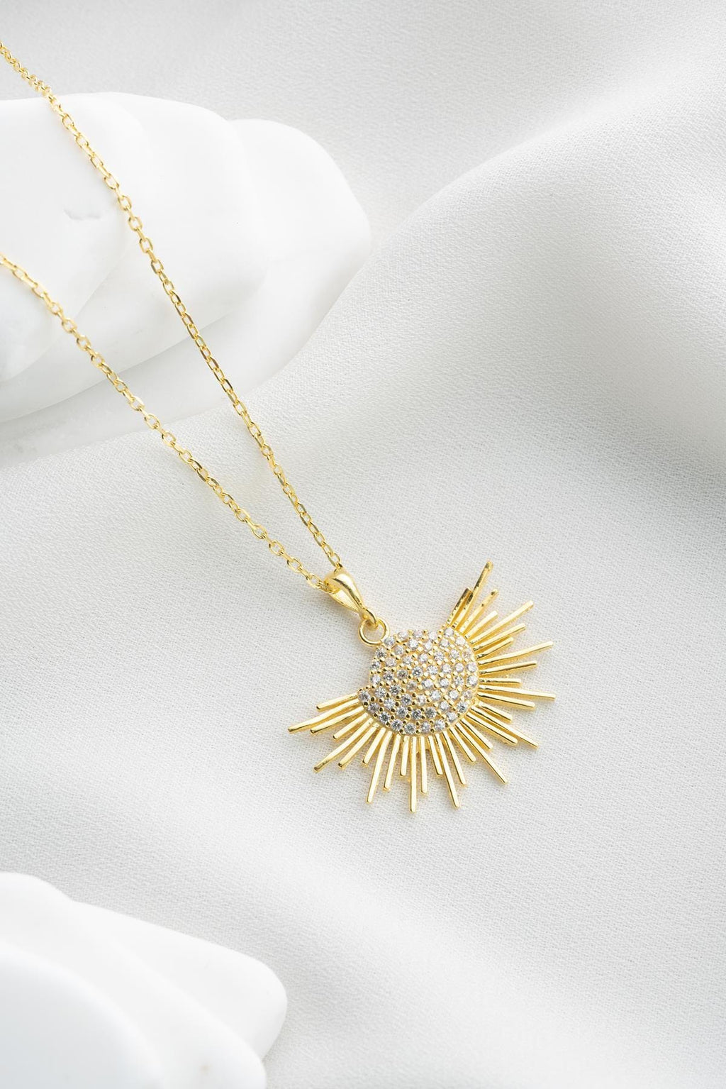 Celestial Sun Necklace, 925 Sterling Silver Pendant, Gold Plated Zircon Jewelry, Gift for Her