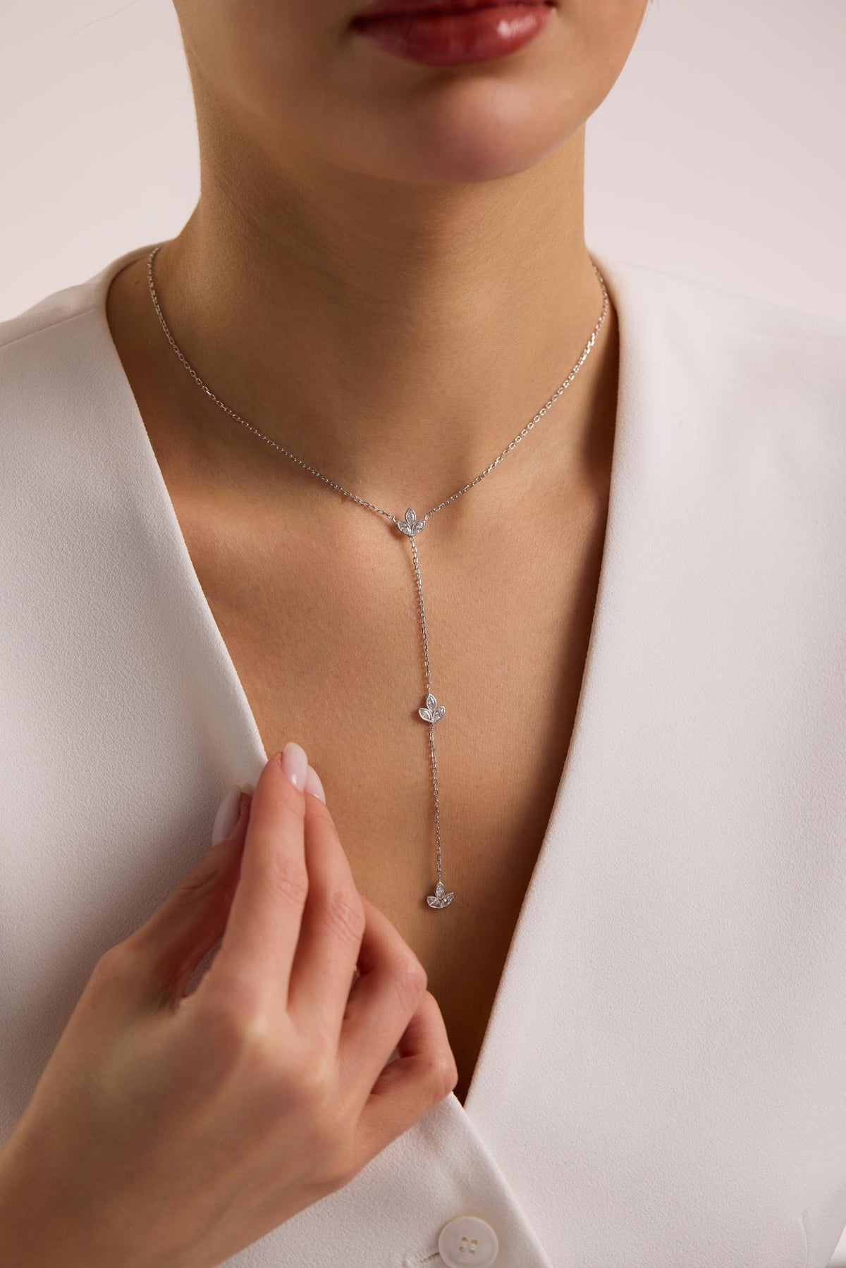 Lotus Y Necklace, 925 Sterling Silver Jewelry, Rhodium Plated Zircon Pendant, Gift