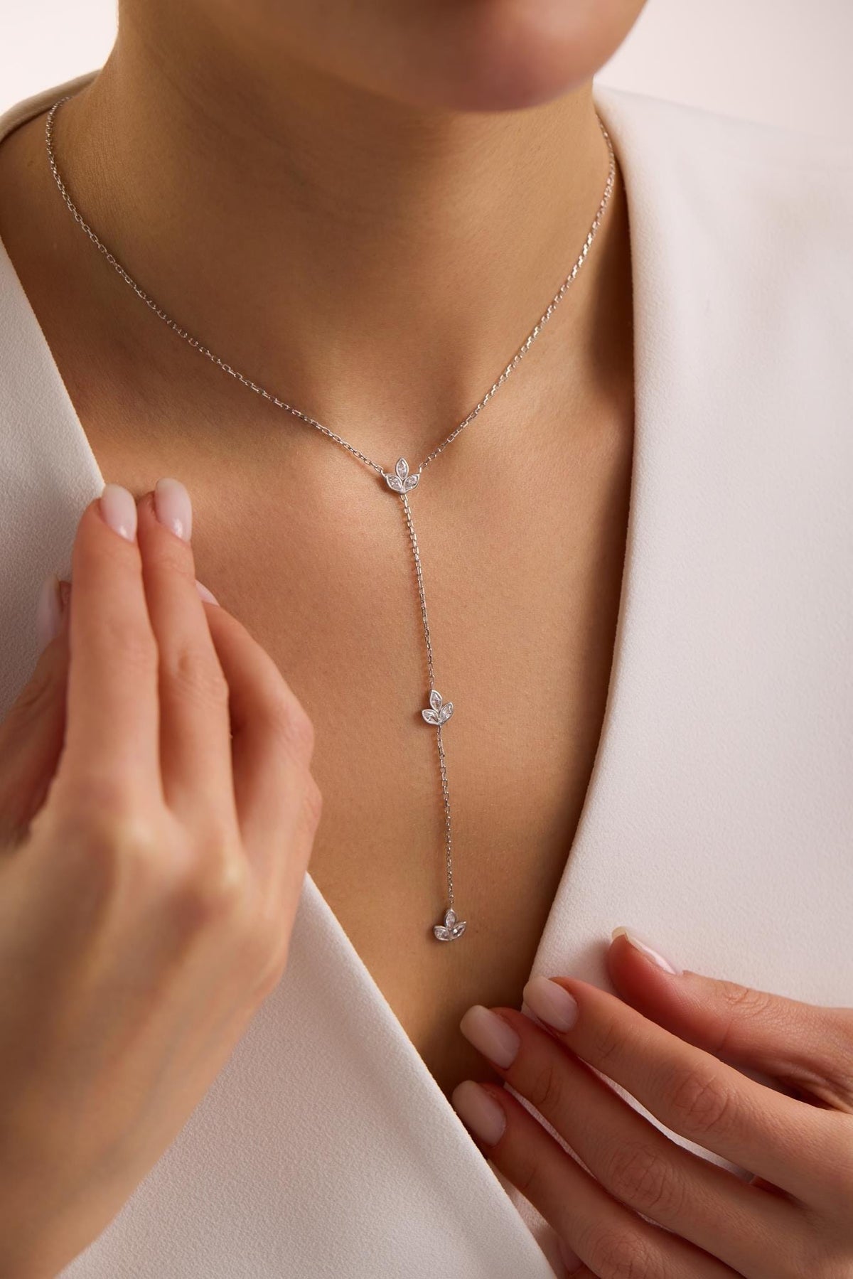 Lotus Y Necklace, 925 Sterling Silver Jewelry, Rhodium Plated Zircon Pendant, Gift