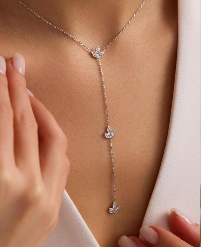 Lotus Y Necklace, 925 Sterling Silver Jewelry, Rhodium Plated Zircon Pendant, Gift