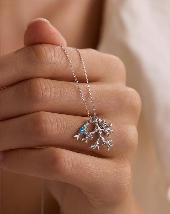 Turquoise Fish Necklace, 925 Sterling Silver Jewelry, Rhodium Plated Ocean Pendant