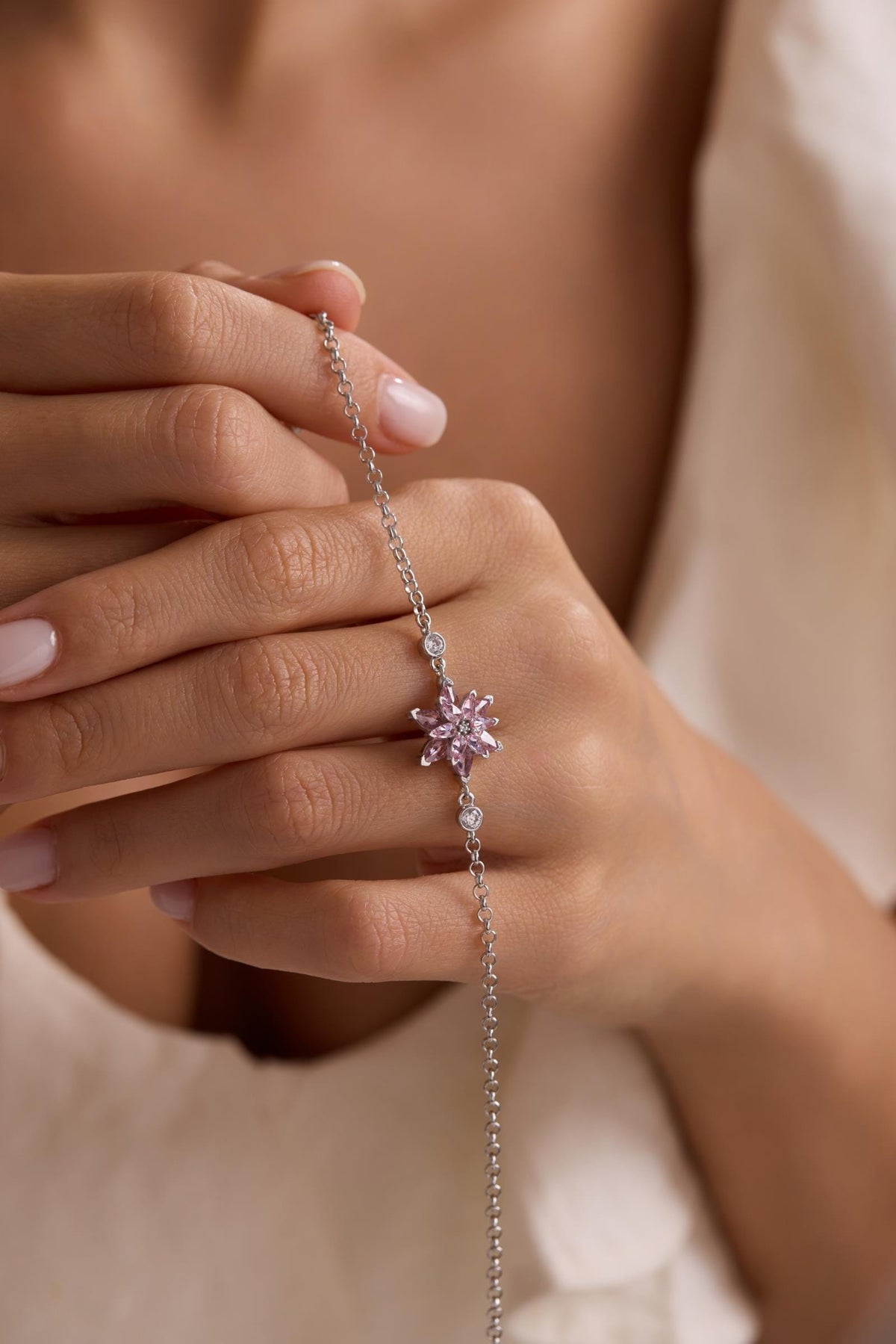 Lotus Flower Bracelet | 925 Sterling Silver Rhodium Plated | Adjustable Zircon Jewelry