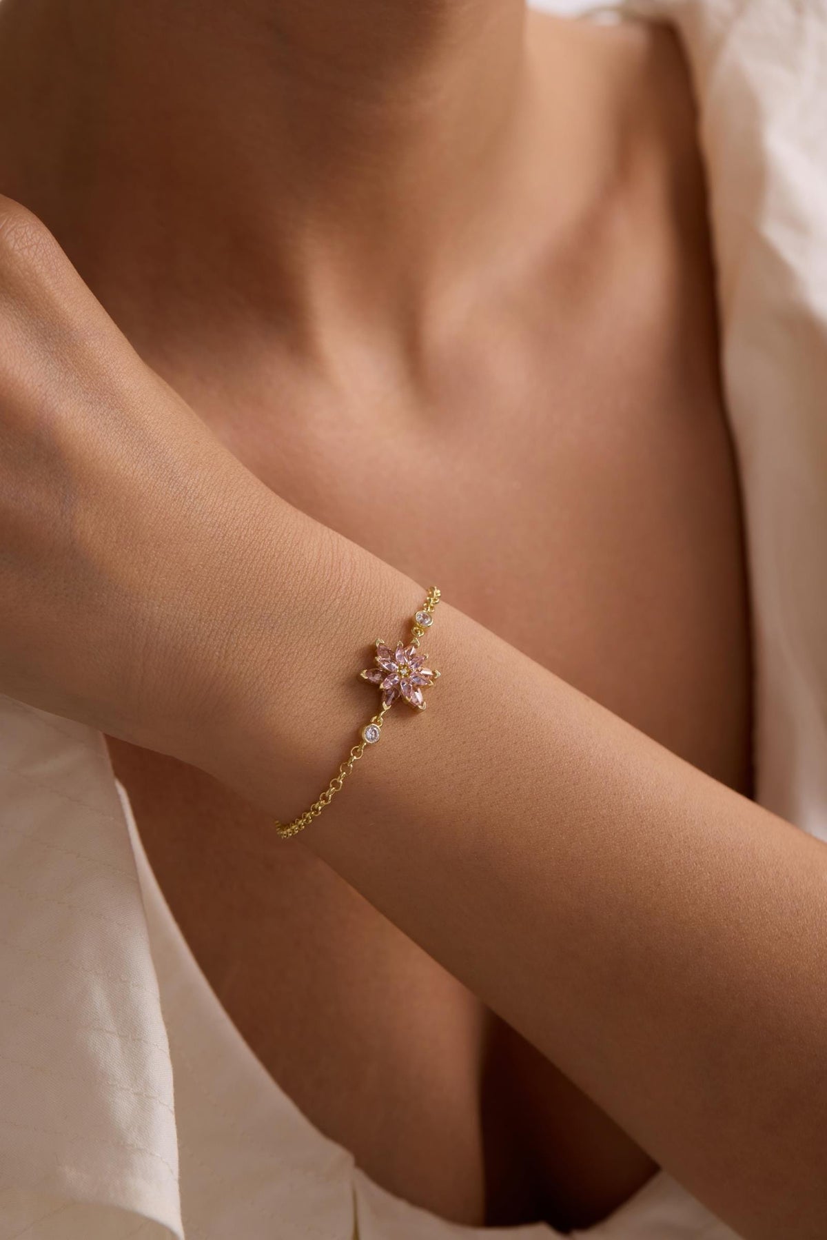Lotus Flower Bracelet | 925 Sterling Silver 14K Gold Plated | Adjustable Pink Zircon