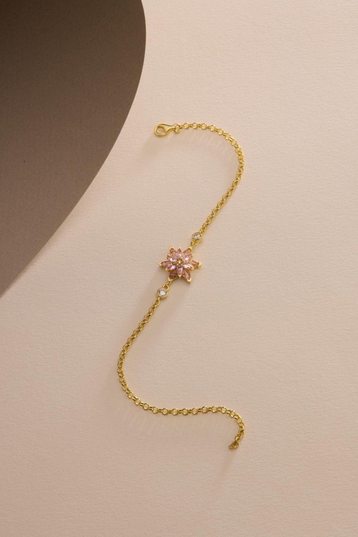 Lotus Flower Bracelet | 925 Sterling Silver 14K Gold Plated | Adjustable Pink Zircon