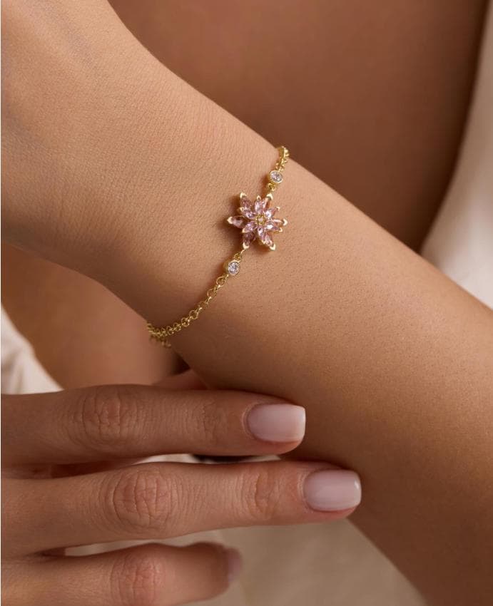 Lotus Flower Bracelet | 925 Sterling Silver 14K Gold Plated | Adjustable Pink Zircon