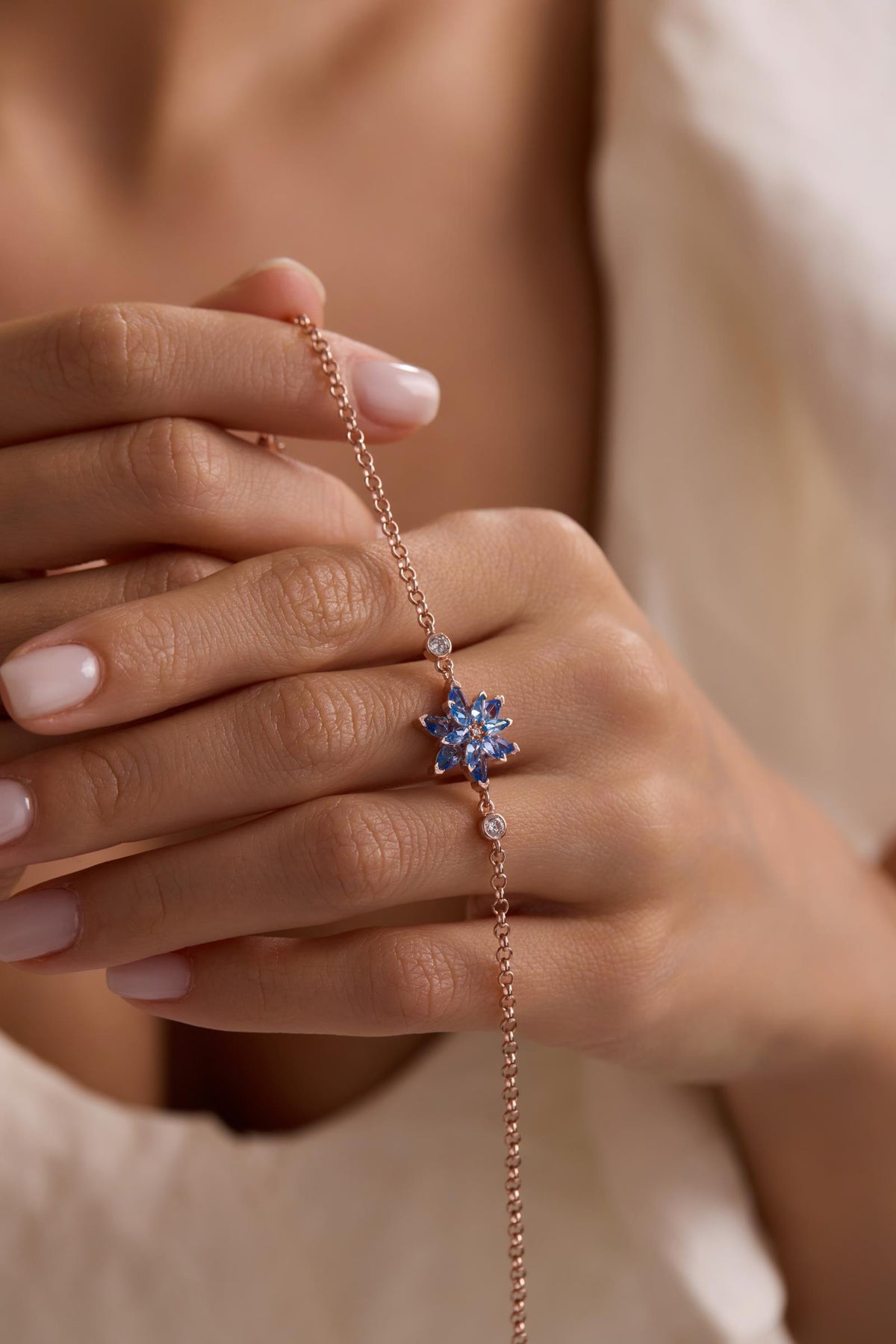 Lotus Flower Bracelet | 925 Sterling Silver 14K Rose Gold Plated | Aquamarine Stone