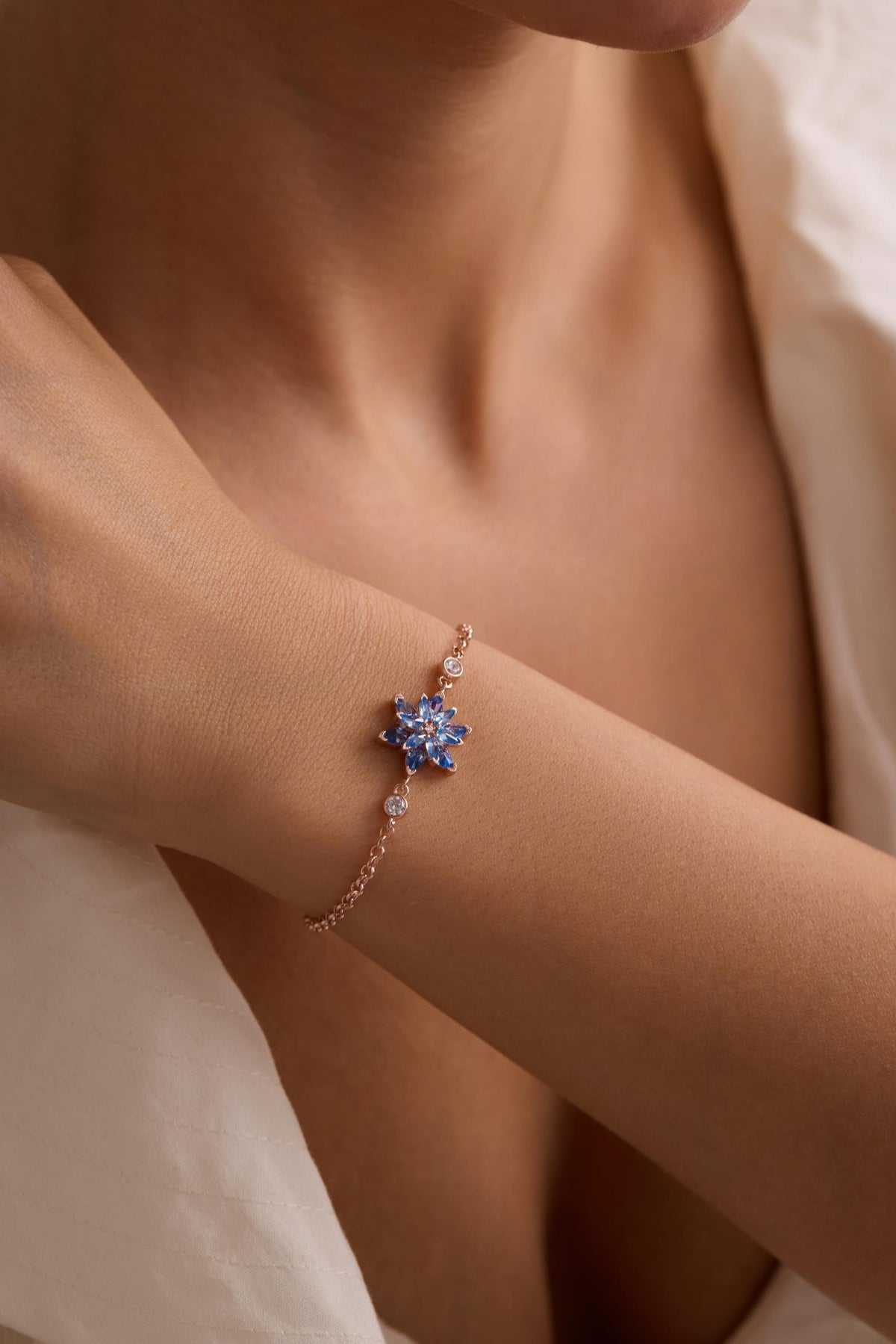 Lotus Flower Bracelet | 925 Sterling Silver 14K Rose Gold Plated | Aquamarine Stone