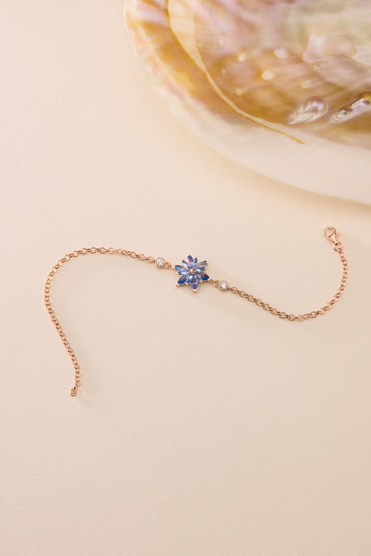 Lotus Flower Bracelet | 925 Sterling Silver 14K Rose Gold Plated | Aquamarine Stone