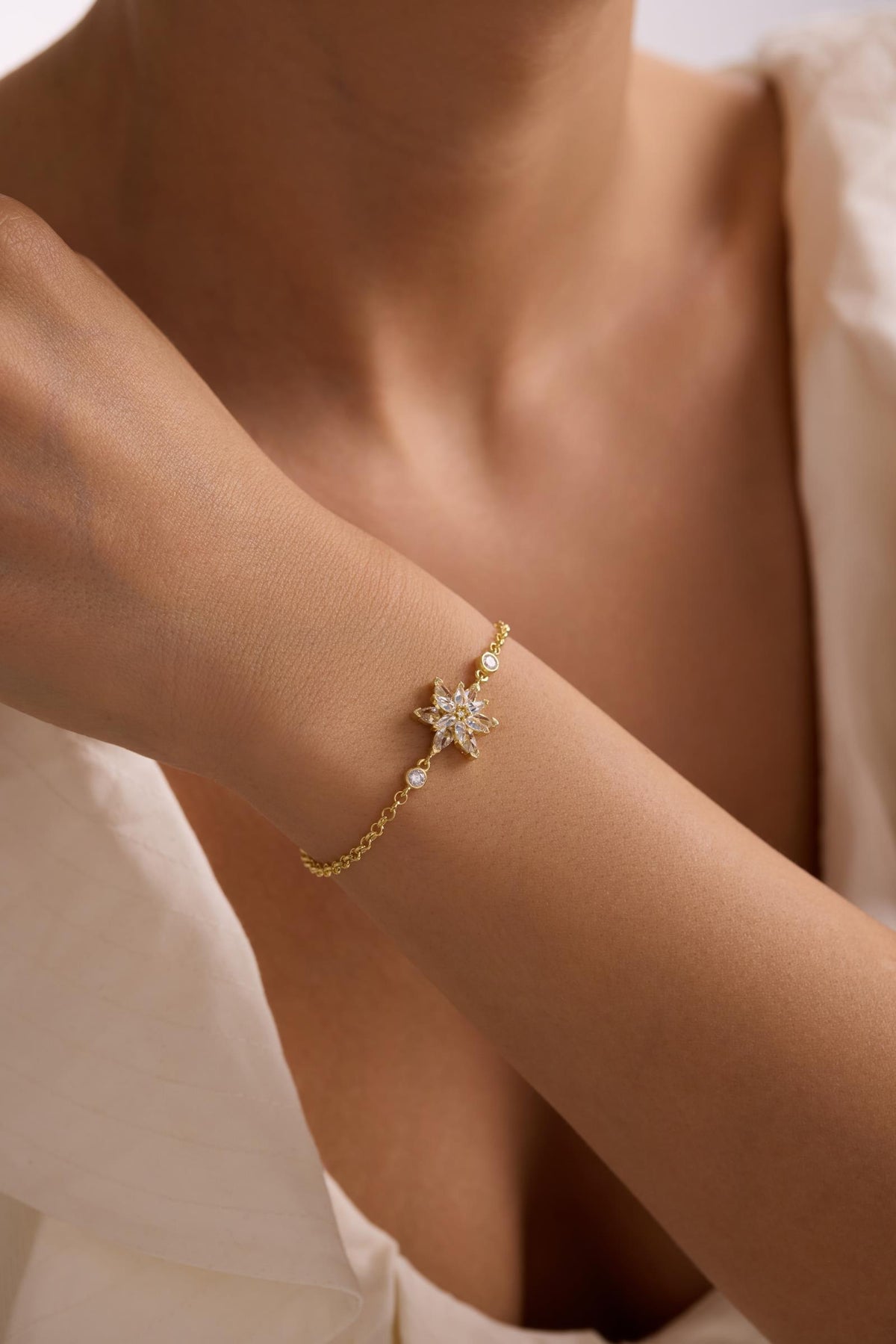 Lotus Flower Bracelet | 925 Sterling Silver 14K Gold Plated | White Zircon