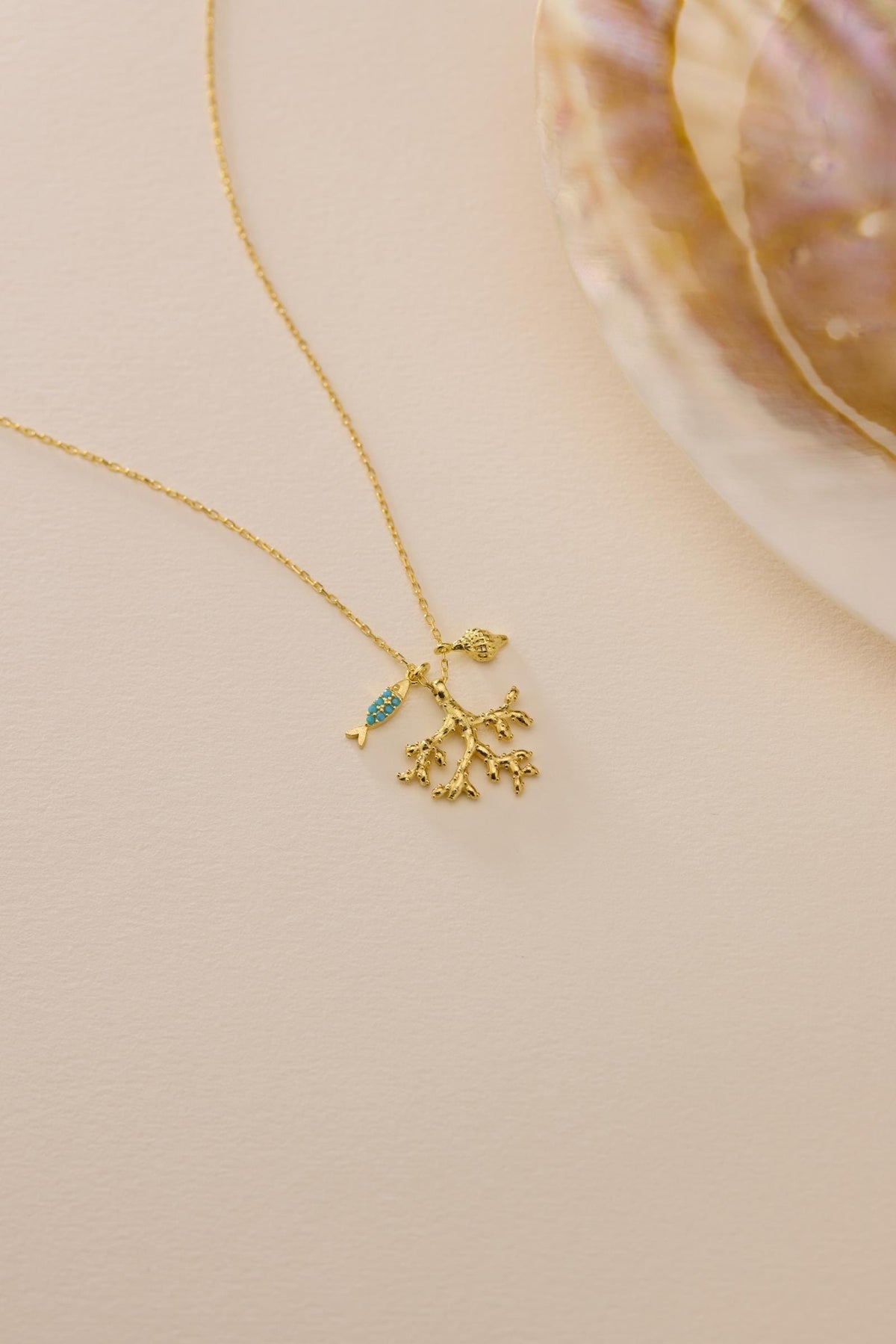 Turquoise Coral Necklace, 925 Sterling Silver Jewelry, Gold Plated Ocean Pendant