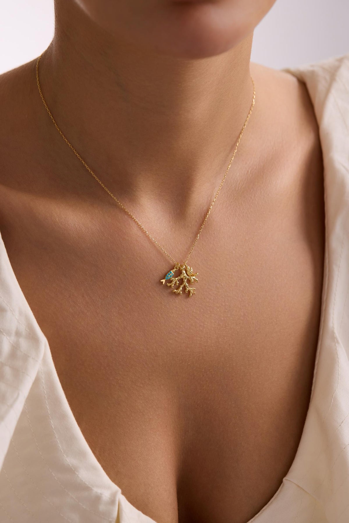 Turquoise Coral Necklace, 925 Sterling Silver Jewelry, Gold Plated Ocean Pendant