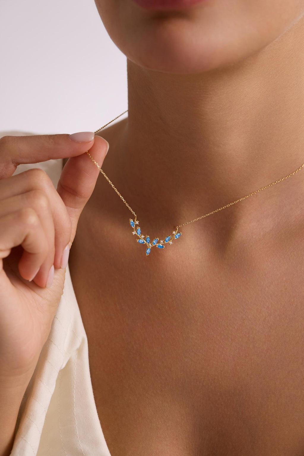 Aquamarine Ivy Necklace, 925 Sterling Silver Jewelry, Gold Plated Vine Pendant