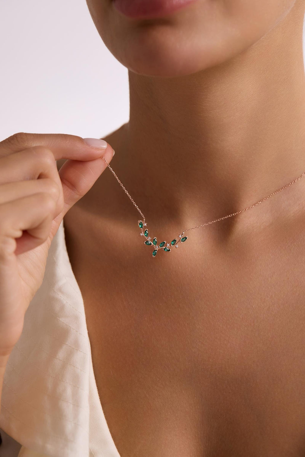 Green Ivy Necklace, 925 Sterling Silver, Rose Gold Plated Vine Pendant