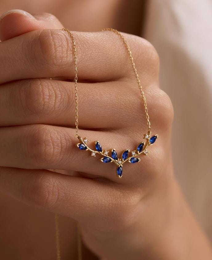 Blue Ivy Necklace, Gold Plated Sterling Silver Marquise Vine Pendant