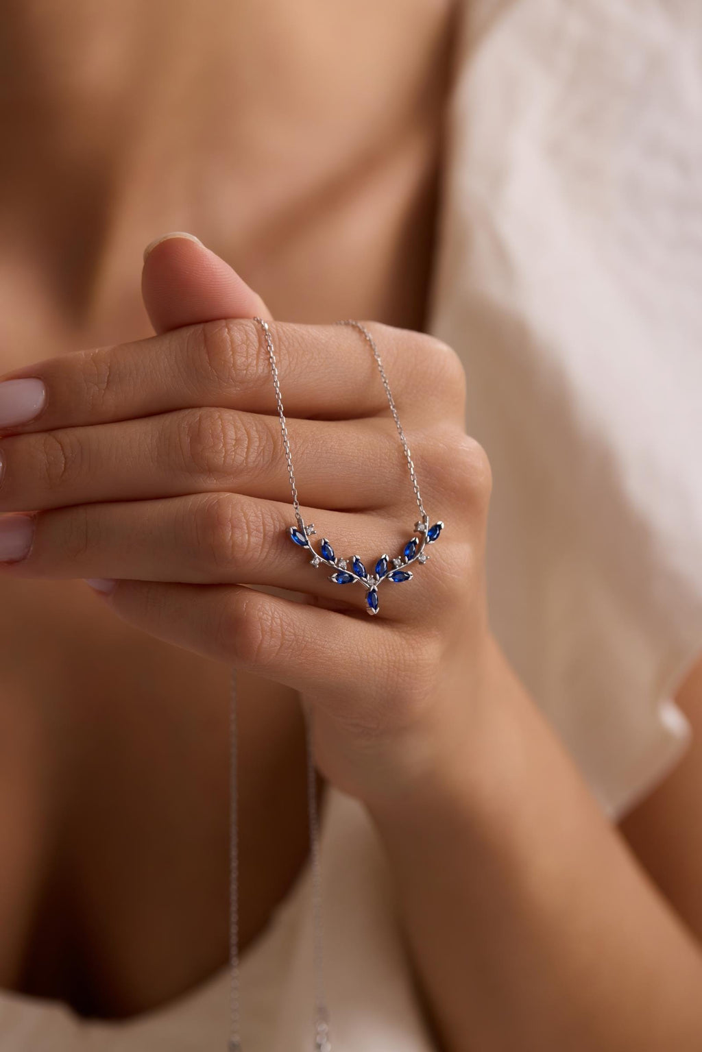 Blue Ivy Necklace, Rhodium Sterling Silver Marquise Vine Pendant Jewelry