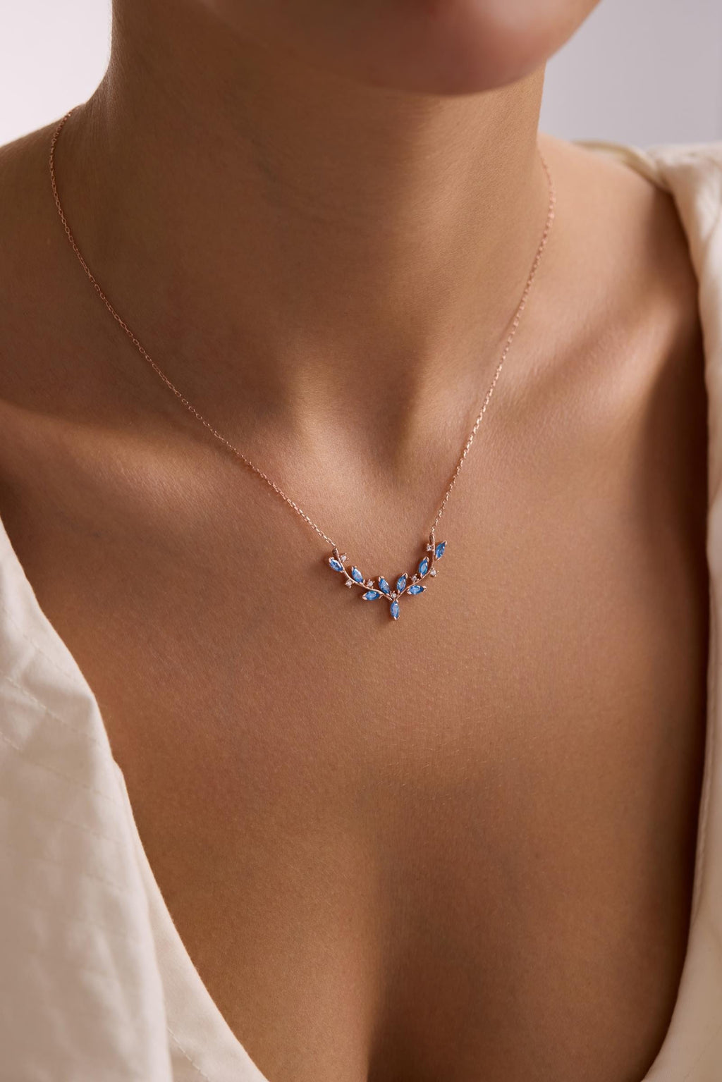 Rose Gold Aquamarine Ivy Necklace, Sterling Silver Marquise Vine Pendant