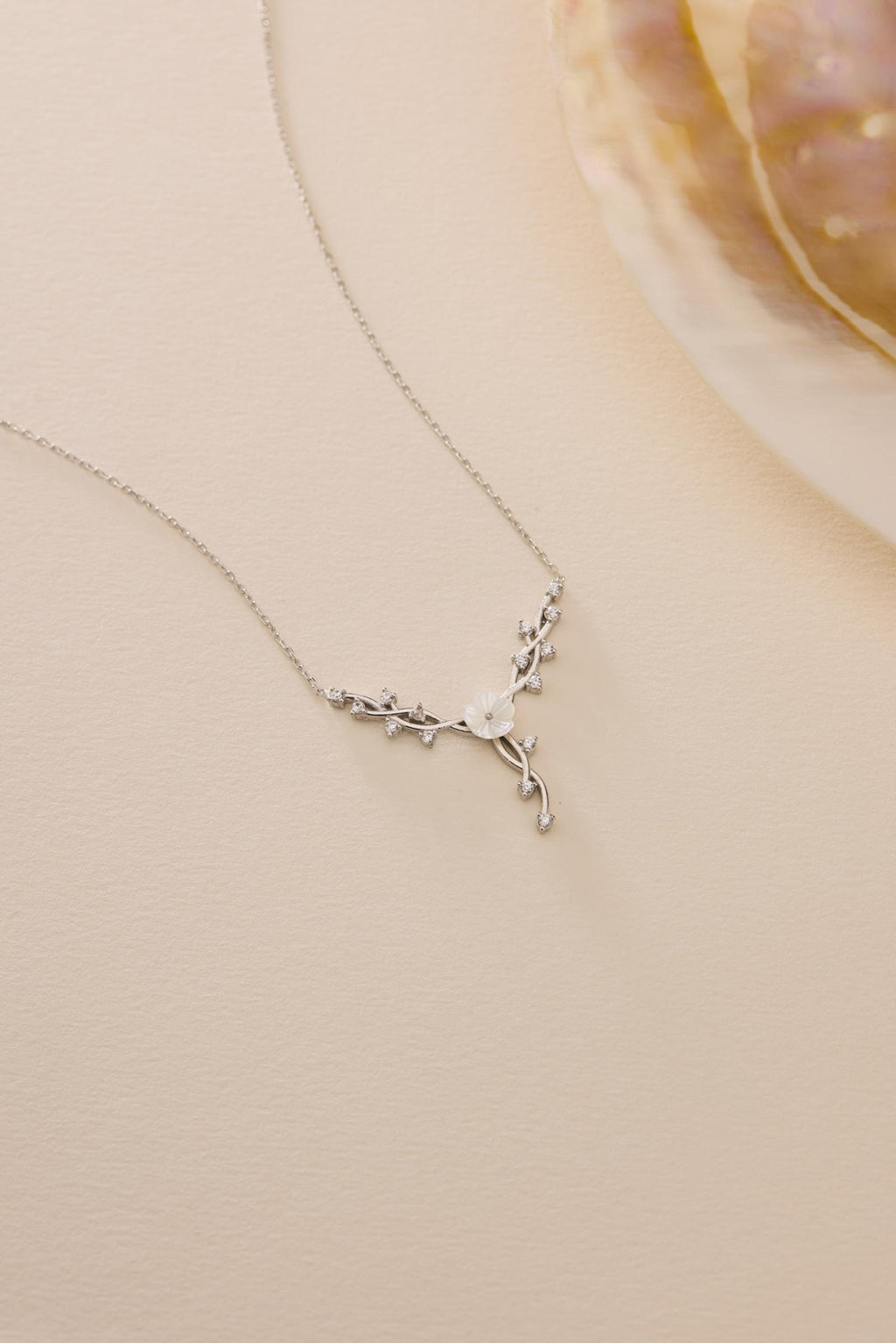 Magnolia Flower Necklace, Rhodium Sterling Silver Vine Necklace, Zircon Floral Jewelry