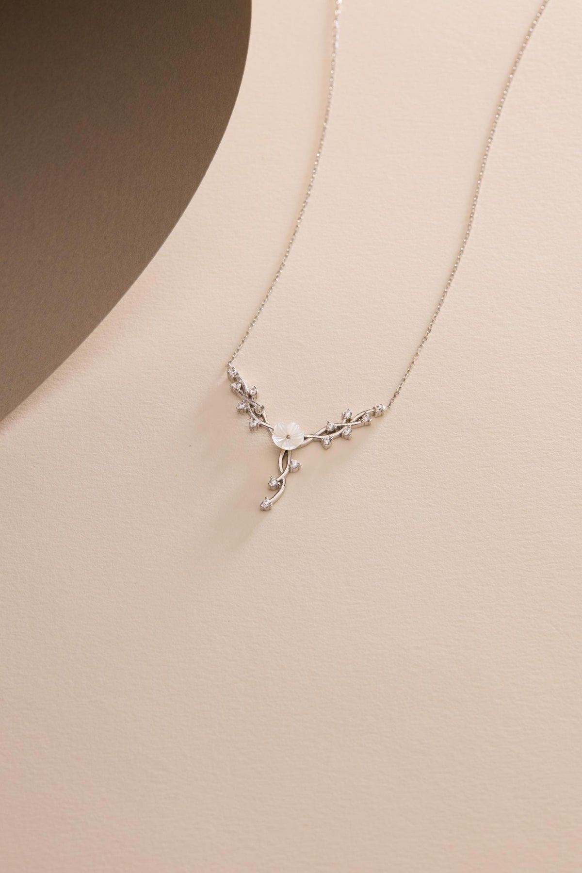 Magnolia Flower Necklace, Rhodium Sterling Silver Vine Necklace, Zircon Floral Jewelry