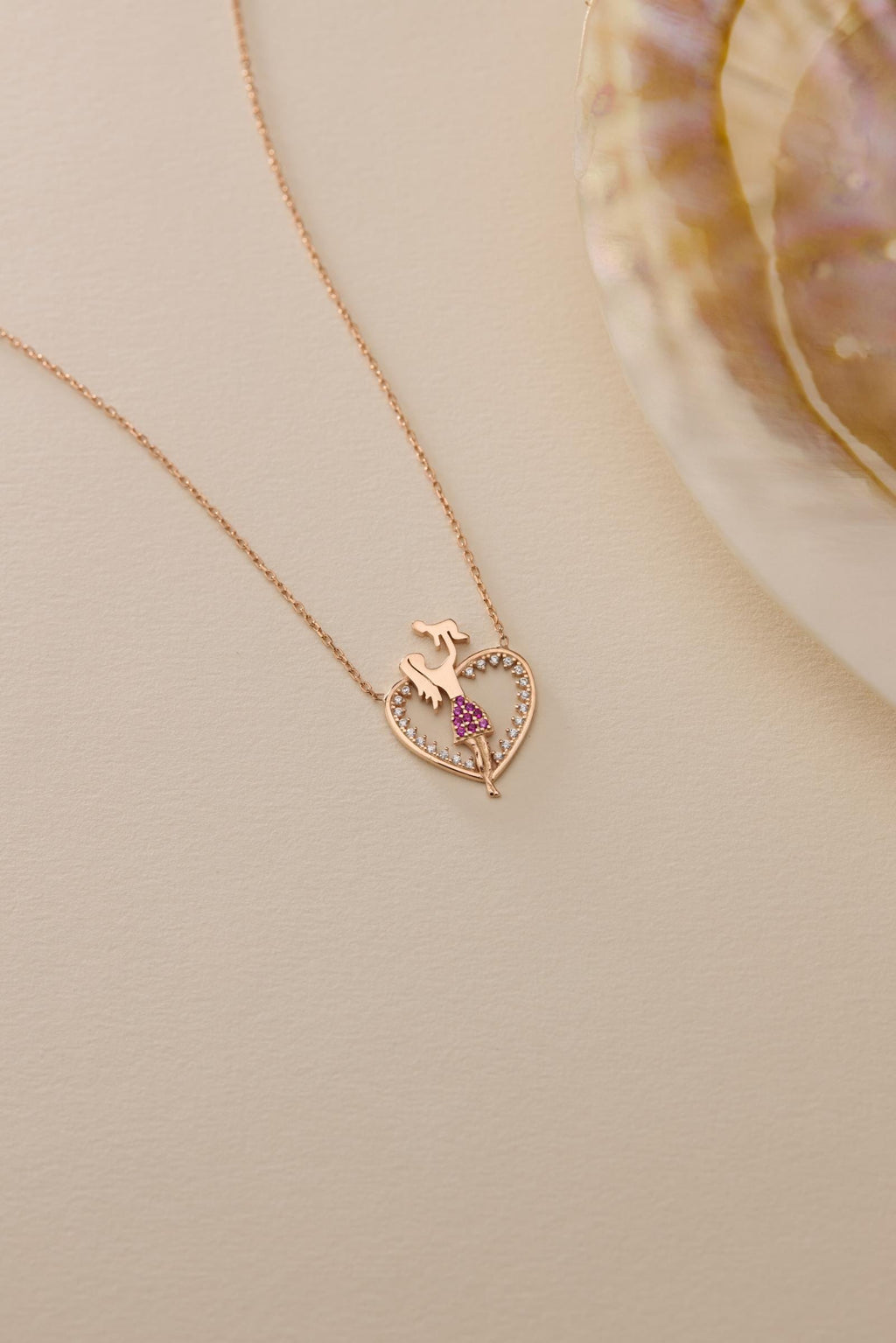 Mother Baby Necklace, Rose Gold Sterling Silver Pink Heart Mom Pendant