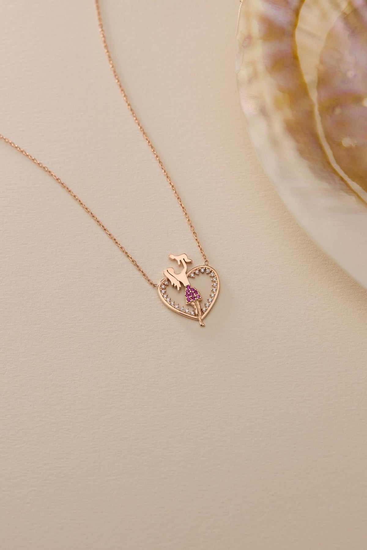 Mother Baby Necklace, Rose Gold Sterling Silver Pink Heart Mom Pendant