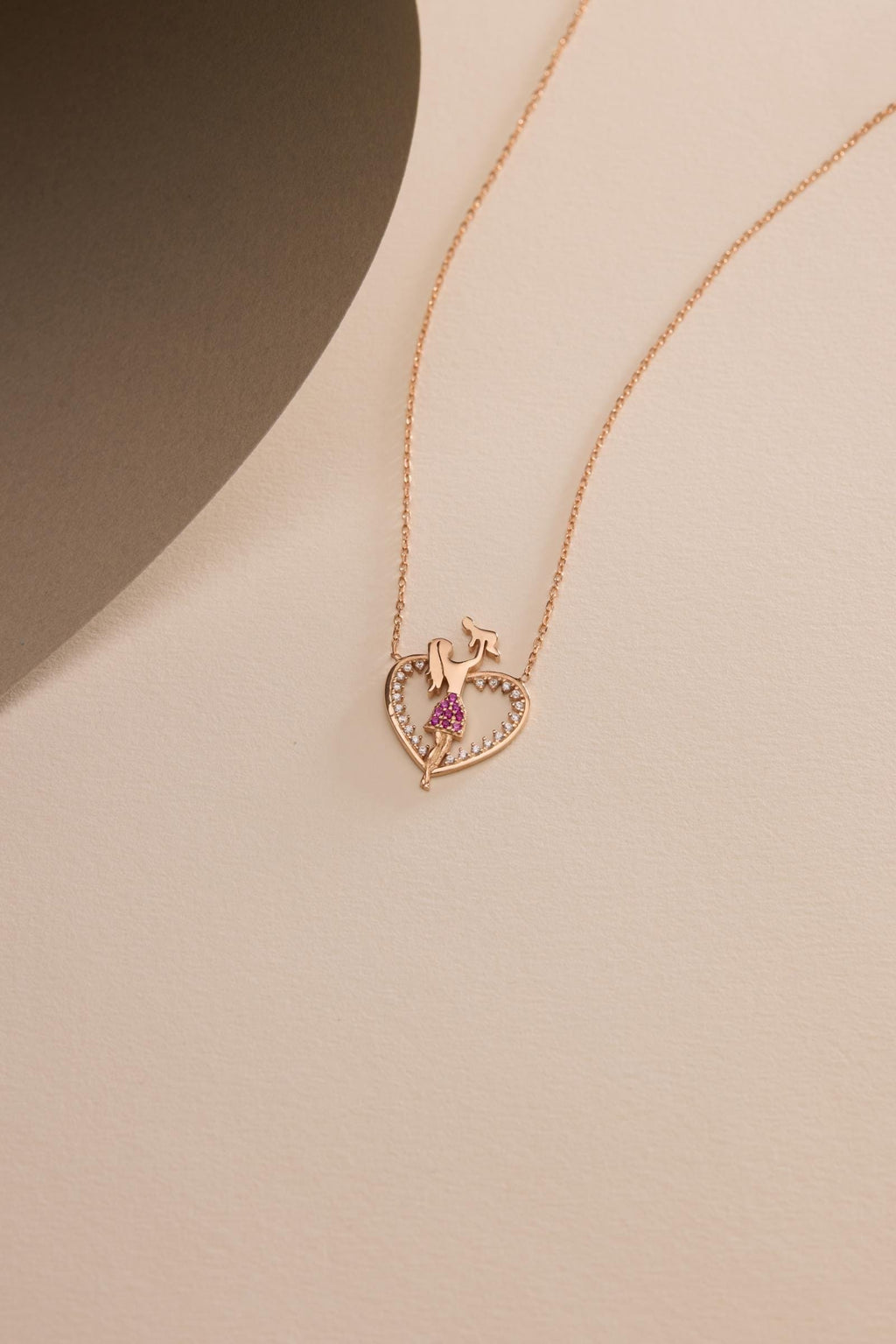 Mother Baby Necklace, Rose Gold Sterling Silver Pink Heart Mom Pendant