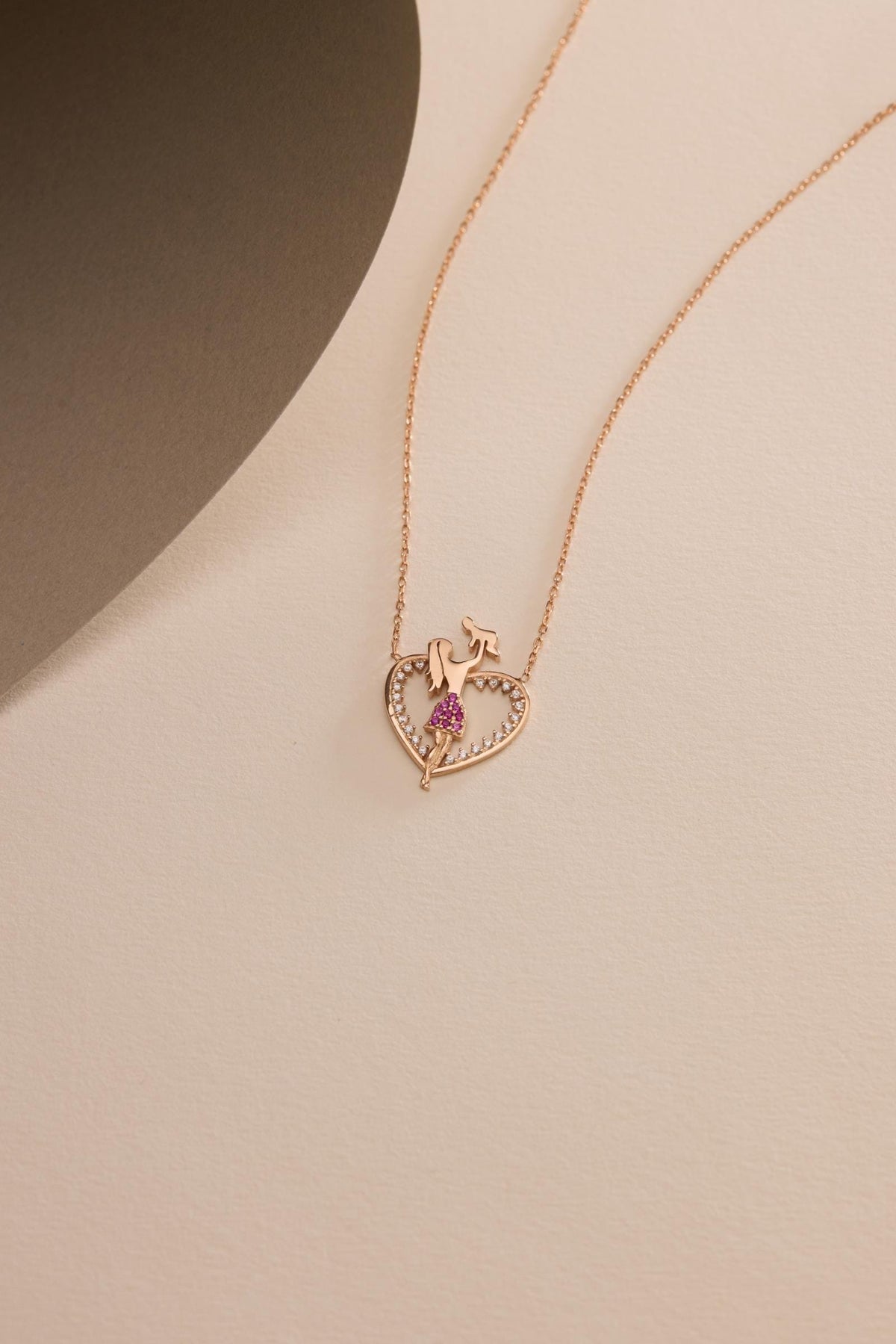 Mother Baby Necklace, Rose Gold Sterling Silver Pink Heart Mom Pendant