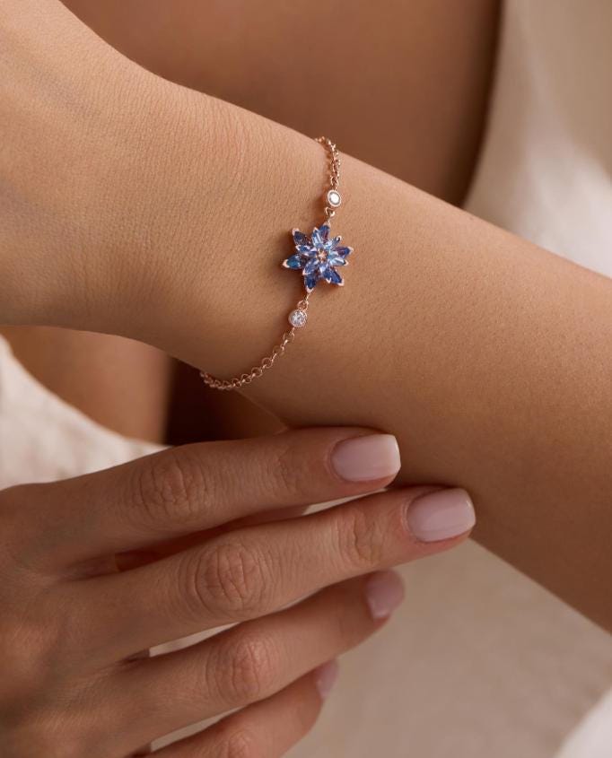 Lotus Flower Bracelet | 925 Sterling Silver Rose Gold | Aquamarine Zircon Floral | Gift for Her