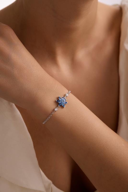 Lotus Flower Bracelet | 925 Sterling Silver Rhodium | Aquamarine Zircon Floral | Gift for Her