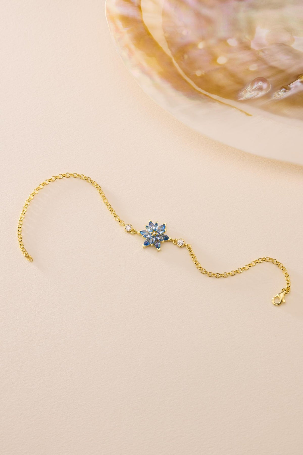 Lotus Flower Bracelet | 925 Sterling Silver 14K Gold Plated | Aquamarine Zircon Floral | Gift